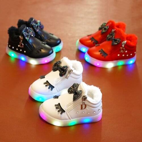 Winter plush kids girls shoes flat heels fashion casual children girl led light shoes flash cartoon bow crystal zipper shoes