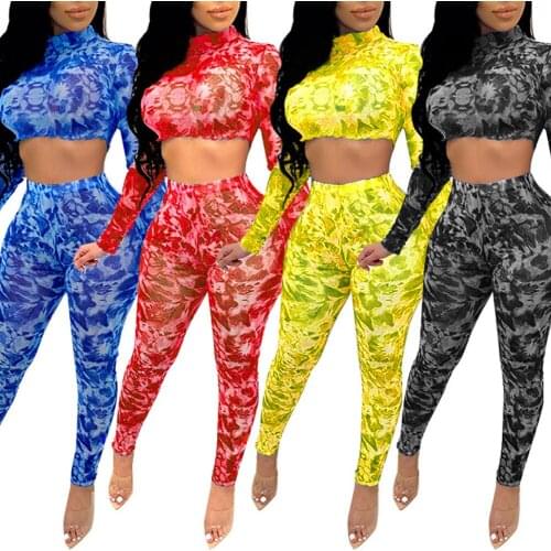 Women fitness two pieces set tracksuit long sleeve crop top Ruffle print Blouse skinny leggings slim outfit sexy clthes set