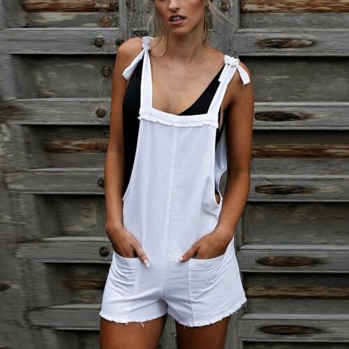 Hip Hop Denim Overalls Women Summer Backless Jumpsuits Spring Jeans Overalls Shorts White Pocket Overall Playsuits 2C0208
