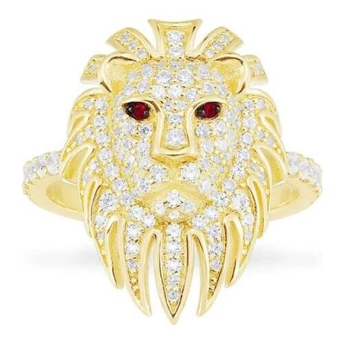 SLJELY Luxury Real 925 Sterling Silver Yellow Gold Color Red Eyes Lion Head Finger Ring Micro Full Zirconia Women Fine Jewelry