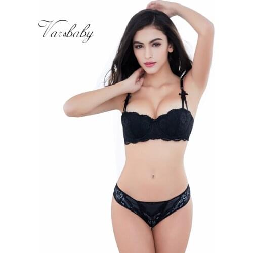 Varsbaby New Sexy Black Lace Half Cup Thin Underwear Gather Women Bra Sets