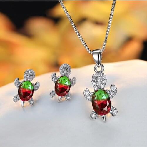 Red Green Oval Zircon Turtle Jewelry Sets Rainbow Crystal Stone Necklace Earrings For Women Luxury Bridal Wedding Engagement Set