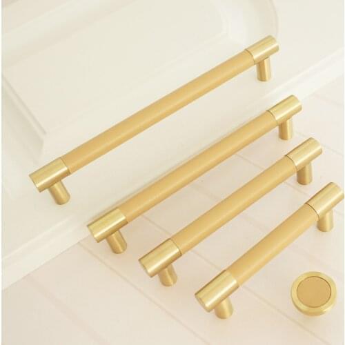 3.75" 5" 6.3" 8.8" Copper Cabinet Knobs Beige Leather Door Pull Handles Round Dresser Knob Brass Drawer Handle 96 128 160 224mm