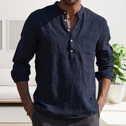 Men Solid Color V Neck Long Sleeve Button Pocket T-shirt Top Cotton Linen Shirt