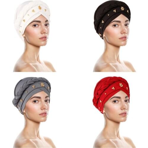 2021 New design Muslim Skullies & Beanies Mesh&velvet scarf cap for women luxury brand Pearl headscarf African wrap Turban hat