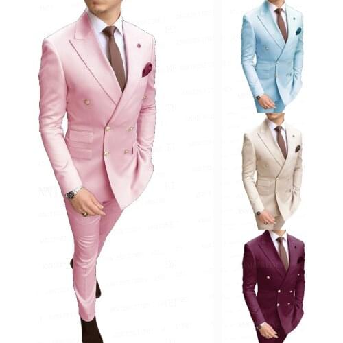 Slim Fit Double Breasted Pink Suit Men Set Custom Made Groom Wedding Suit Tuxedo Male Formal Blazer Business Jacket with Pants