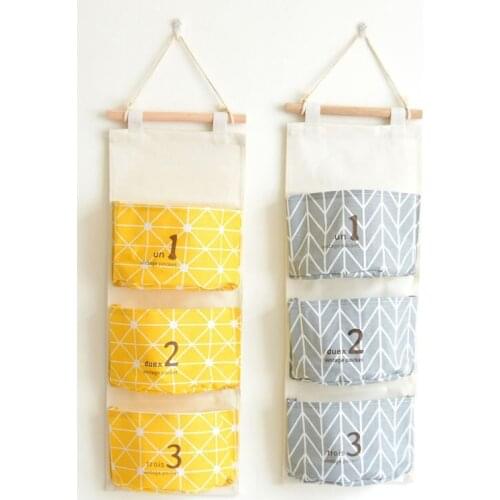 Cotton Linen 3 Pockets Hanging Bags Bathroom Sundries Storage Bag Wall Door Wardrobe Hanging Bag Home Wall Decor Holiday Gifts