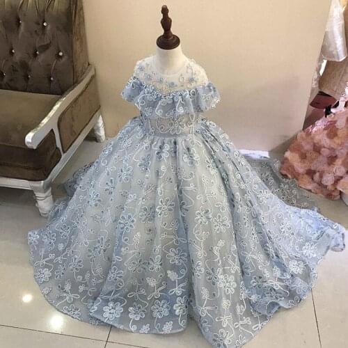 Caustom made bead light blue gown children girls party dress