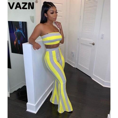 VAZN GHMS15253 Striped Print Strapless Young Girl Crop Top England Style Sexy 2019 Set Sleeveless 2 Piece Sets Night Club Sets
