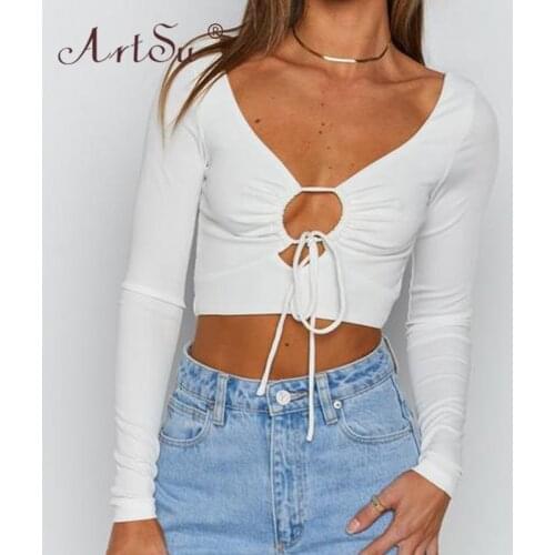 ArtSu Women Basic Solid Long Sleeve Autumn Tee Shirt Backless V-Neck Lace Up White Crop Top Female Slim Tshirts Tops 2021