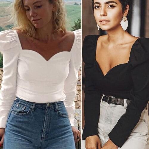 Kili WomenS Style Bubble Long Sleeve V-Neck All-Match T-Shirt Top White