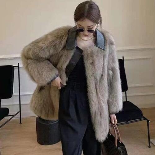 2021 Luxury Vintage Women Winter Fox Fur Coats With Faux Leather Suit Collar Warm Faux Fur Loose Jacket Streetwear Overcoat Girl