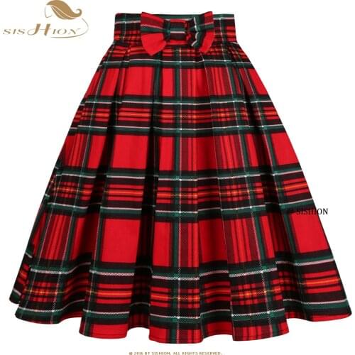 SISHION 2021 Women Vintage Cottton Summer Skirt Women SS0012 Y2K Bow Pocket Punk Vintage Plus Size Pleated Midi Red Plaid Skirt