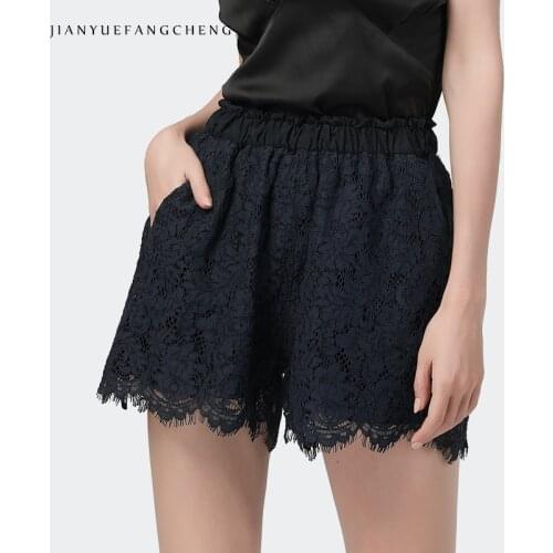 Vintage Hook Flower Hollow Womens Dark Blue Lace Shorts Stretch Waist Loose Wide Leg Shorts 2021 Summer New Casual Woman Bottoms