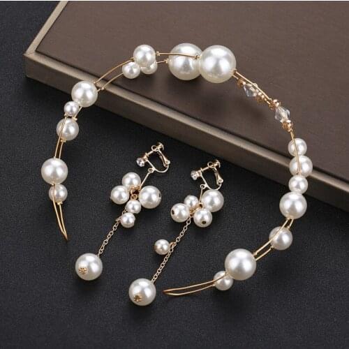 DIEZI Japan Korean Luxury Bridal Crown Earrings Jewelry Sets For Wedding Princess Pearl Tiara Women Girls Hair Accessories