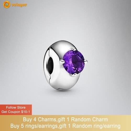 Volayer 925 Sterling Silver Purple Round Solitaire Clip Charm fit Original Pandora Bracelets for Women Jewelry Making Gift