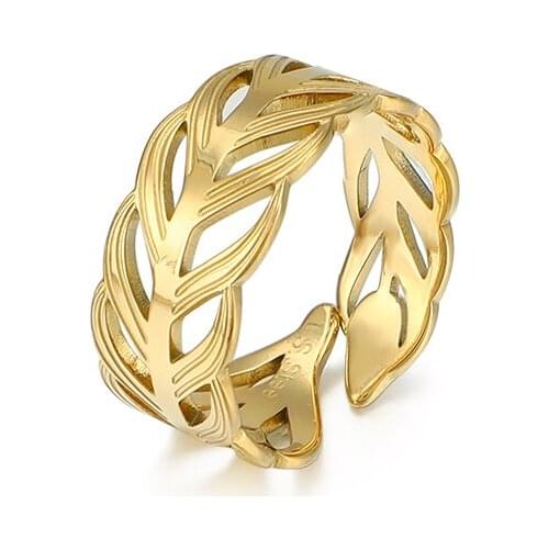 Charm Stainless Steel Leaf Opening Ring for Women 14K Metal Gold Color Texture Jewelry Fashion anillos mujer Bijoux Femme