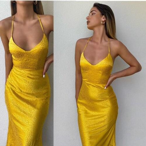 SKMY 2021 Women Clothing Summer Dress Sexy Deep V Spaghetti Strap High Waist Backless Lace-Up Sling Yellow Long Bodycon Dress
