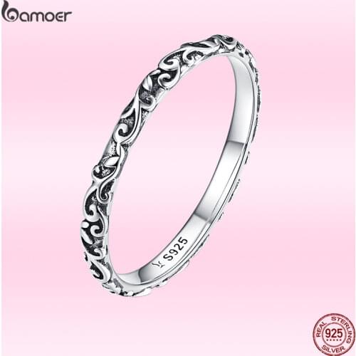 Bamoer Retro Blackening Craft Finger Rings for Women Vintage Black Ring Authentic 925 Sterling Silver Fine Punk Industrial Style