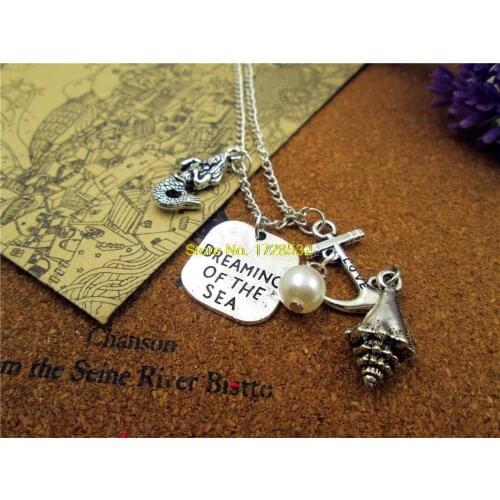 12pcs/lot Fashion Dreaming of the Sea Necklace little mermaid Necklace antique silver mermaid,conch,bead 3D mini anchor Necklace