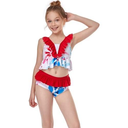 2pcs Toddler Baby Girls Swimsuits Set Children Floral Print Frills Bowknot Split Bikini Beachwear Cute Bathing Swimwear 2021