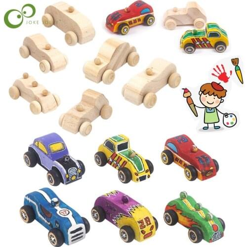 6Pcs/Set DIY Wooden doodle painted mini car children puzzle painting toys Childrens wooden blocks for Kids Toys Gifts YJN