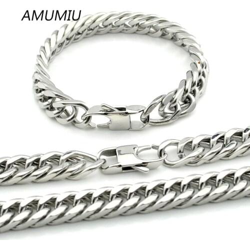 AMUMIU Wholesale 40-90cm Necklace 14-26cm Bracelet Set Fashion 2022 Chain Link Curb Cuban Jewelry Sets For Men KTZ096