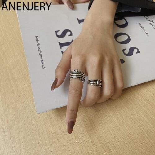 ANENJERY 925 Sterling Silver Geometric Multi-layer Rings For Women Men Retro Combination Rings Punk Jewelry