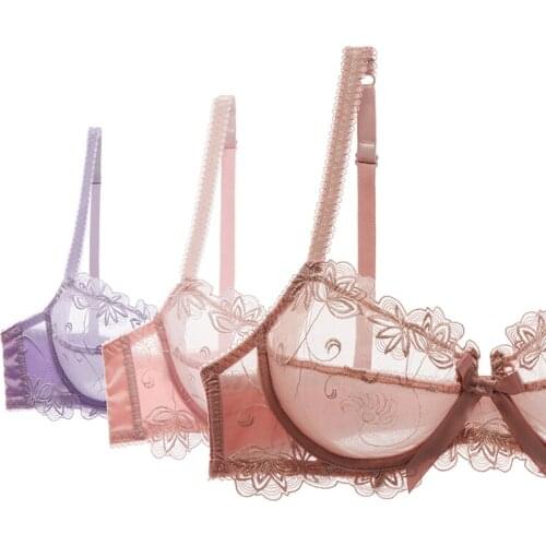 3/4 Cup Mesh Transparent Bras For Women Sexy Lingerie Underwire Push Up Floral Lace Bra Top Plus Size C D No Padding Black White