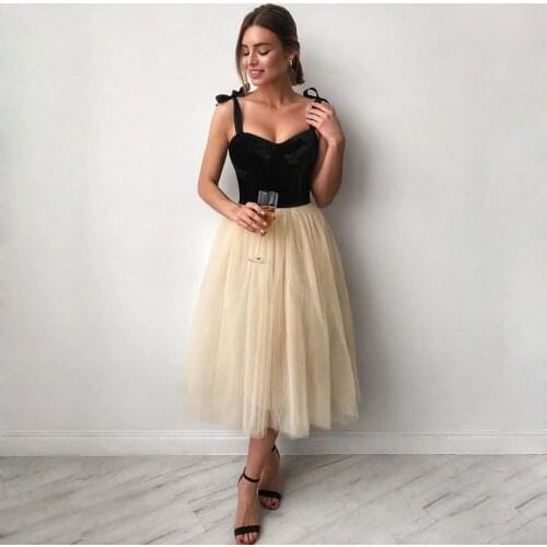 Elegant Tulle Prom Dress A Line Spaghetti Strap Velvet Top Sexy Girls Cocktail Dresses Tea Length Homecoming Dresses Custom