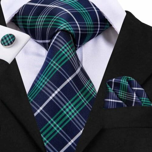 Hi-Tie Classic Plaid Neckties for Men 100% Silk Blue Tie Set Green Mens Business Formal Tie Handkerchief Cufflinks Set C-3044