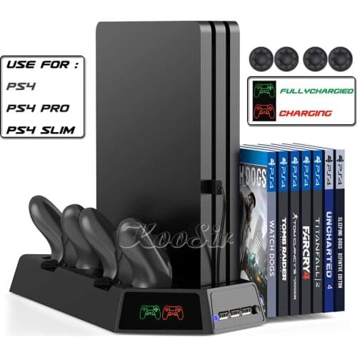 PS4 Slim Pro Console Support Vertical Cooling Fan Stand 14 Game Disc Tower PS 4 Conroller Charging Station for Playstation 4