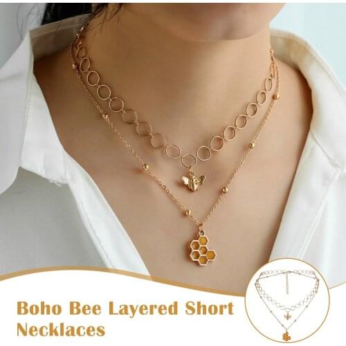 Boho Bee Layered Short Necklaces Gold Honeycombs Pendant Necklace Beaded Necklaces Chain for Women and Girls TT@88