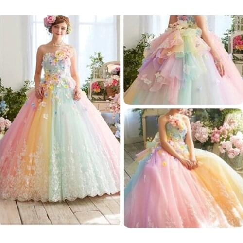 Pretty Colorful Rainbow Tutu Prom Dresses 3D Flower Lace Puffy Ball Gowns Vestido Formatura Abiye Ruffles Evening Gowns
