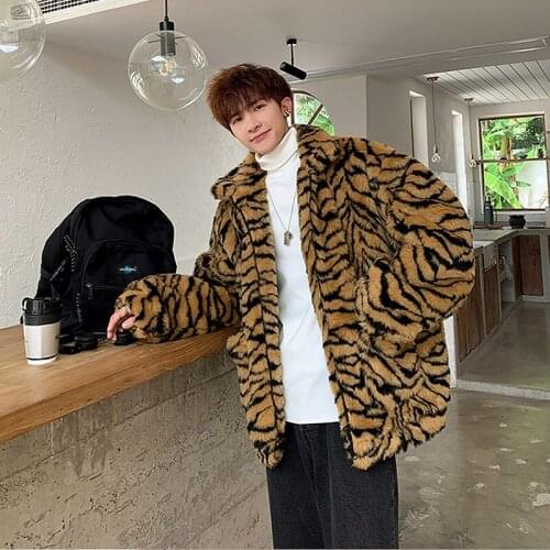 Male leopard print faux fur coat casual loose retro furry zipper jacket charming lapel streetwear 2020 winter warm pockets parka