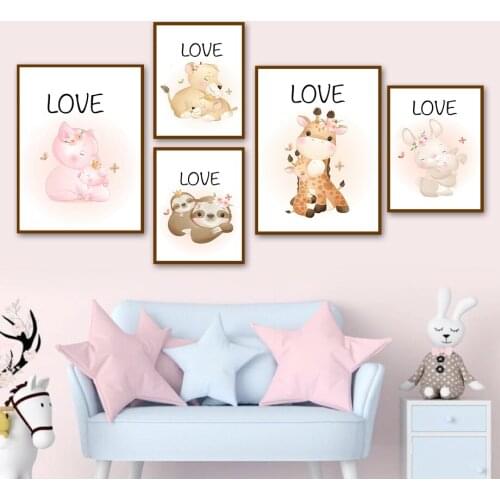 Bunny Giraffe Zebra Lion Pig Sloth Love Family Wall Art Canvas Painting Nordic Posters And Prints Wall Pictures Kids Room Decor