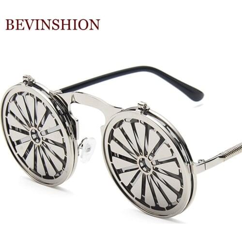 New 2020 classic flip sunglasses men vintage metal steampunk Wheel sun glasses male pink mirror reflective double lens uV400