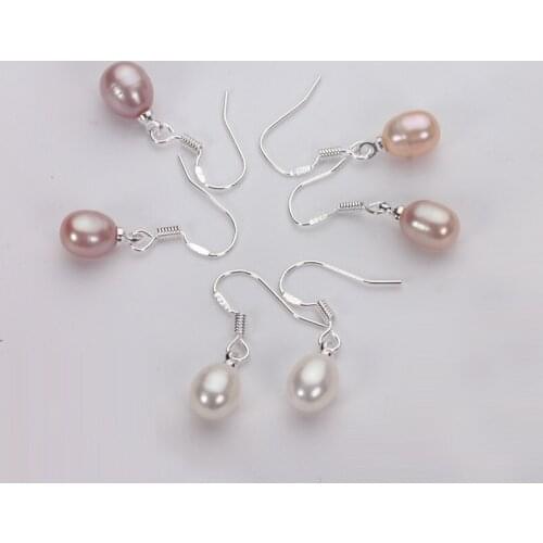 Wholesale 100pairs/lot Hot Cheap 7-8mm Big Real Freshwater Pearl Earrings Silver Plated Drop Earrings Nice Party Wedding Gift