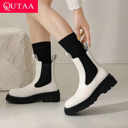 QUTAA 2022 Platform Genuine Leather Ankle Boots Square Heel Slip On Women Shoes Autumn Winter Round Toe Short Boots Size 34-39