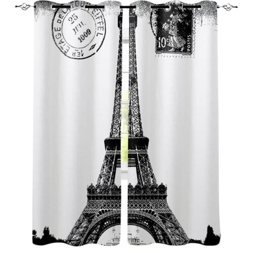 Eiffel Tower Retro Vintage Stamp Black White Curtains For Living Room Bedroom Window Treatment Blinds Drapes Kitchen Curtains