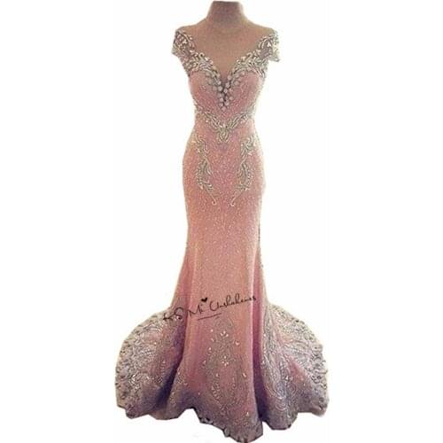 Pink Elegant Modest Long Prom Dresses 2018 Beads Lace Cap Sleeve Vestidos de Gala Backless Courte Formal Evening Party Gowns