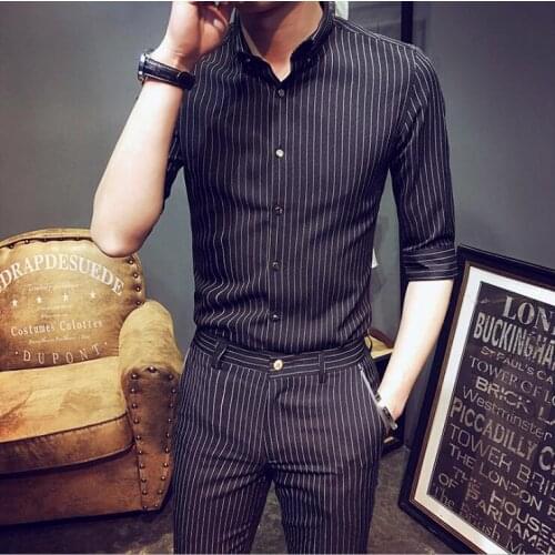 Summer Male New Slim Korean Stripe Simple Retro Golden Button Seven sleeves shirt Men Fashion Cropped pants Set M-3XL