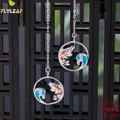 925 Sterling Silver Lucky Koi Waves Long Drop Earrings For Women Chinese Style Female Vintage Jewelry Party Accessories