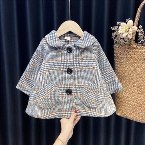 Girls Woollen Coat 2021 Childrens Winter Dress Korean Foreign Style Baby Kids Thickened Cotton Padded Tweed Lattice Jacket P106