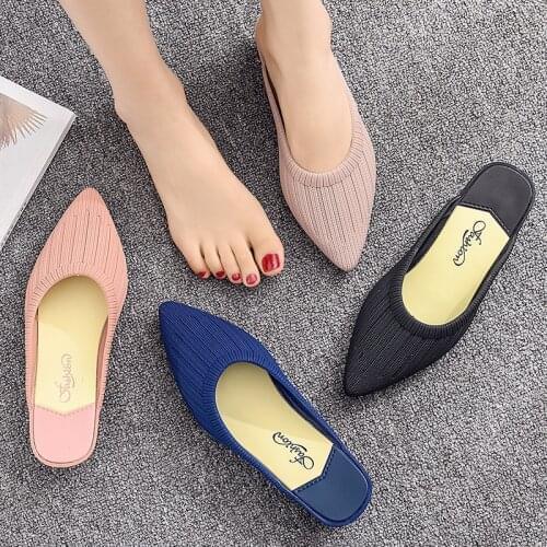 Solid Stripes pointed toe stretch fabric mules woman slippers slip on beach flip flops shoes women antiskid wedges slides female