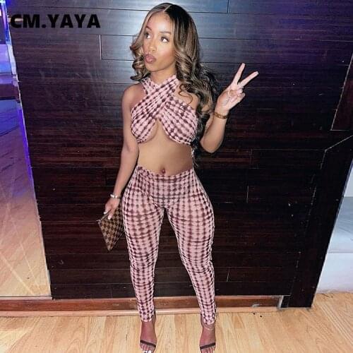 CM.YAYA Print Sexy Womens Set Halter Neck Twist Crop Tops and Legging Pants Matching Two 2 Piece Outfits Night Party Tracksuit