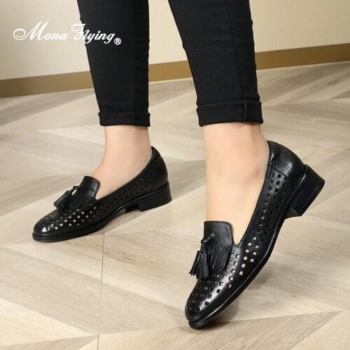 Mona Flying Leather Comfort Hand-made Slip-on Tassel Loafer Casual Flat Breathable Fringes Shoes for Women Ladies A068-35A