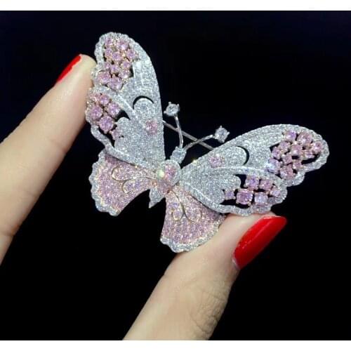 Pink color butterfly brooch 925 sterling silver with cubic zircon insect fine women girl jewelry free shipping pendant