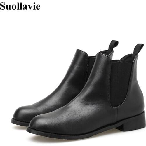 New Women Low Heels Short Boots 2020 Winter Black Chelsea Boots Round Toe PU Leather Fashion Euro Size 35-42