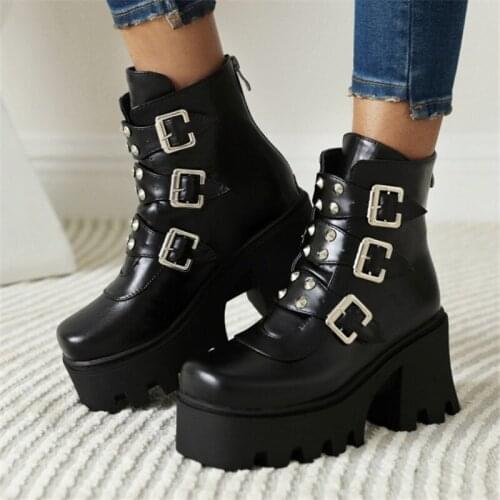 PXELENA Large Size 35-45 Rivet Buckle Cosplay Motorcycle Platform Boots Women Punk Rock Gothic Combat Shoes Chunky High Heels